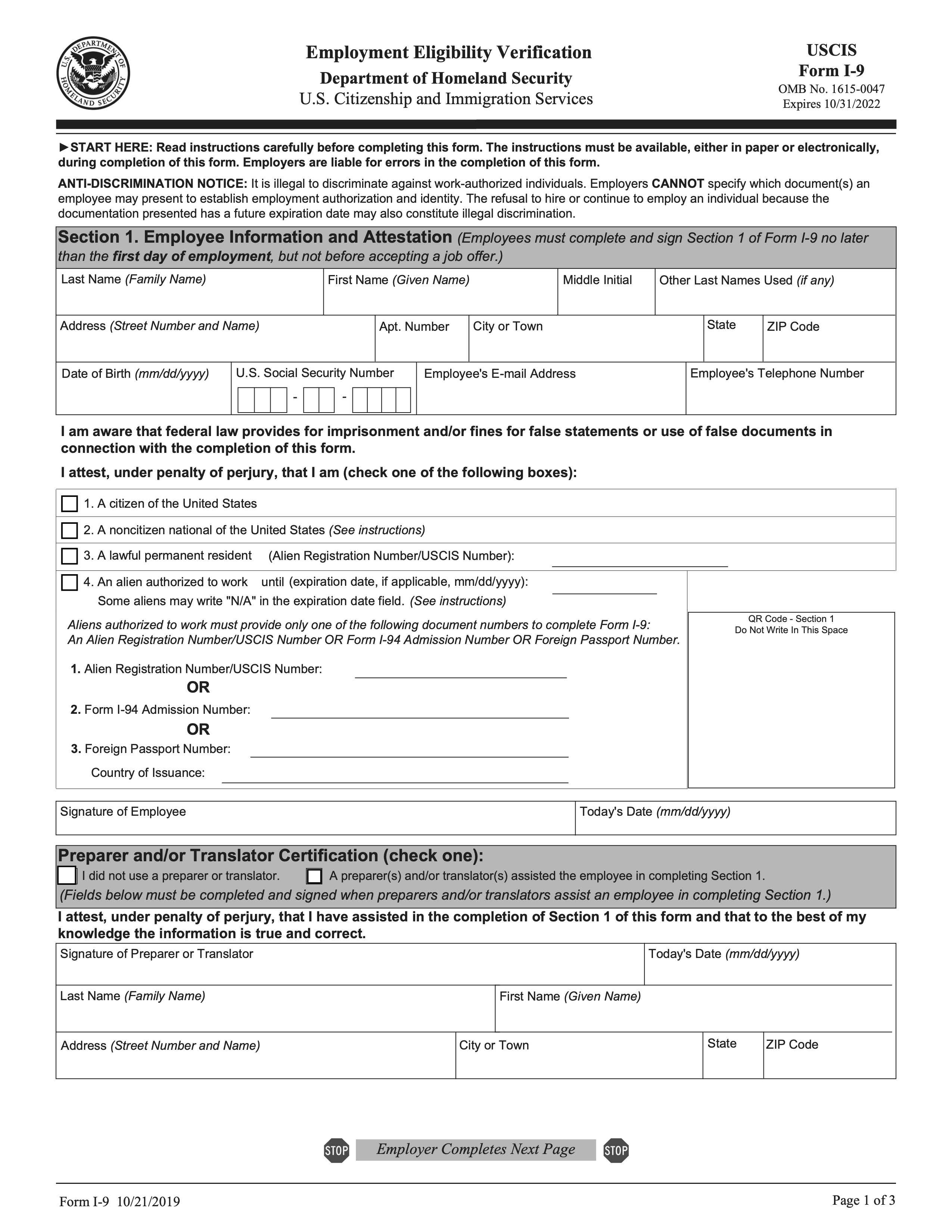 IRS I-9 Form